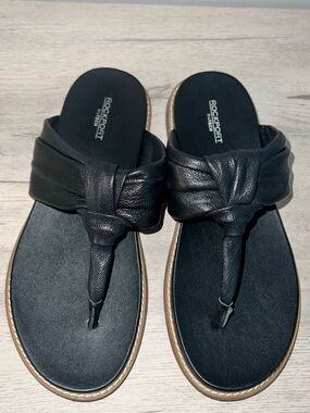 Rockport Women's Black Leather Osarra Open Toe Thong Casual Flat Sandals
